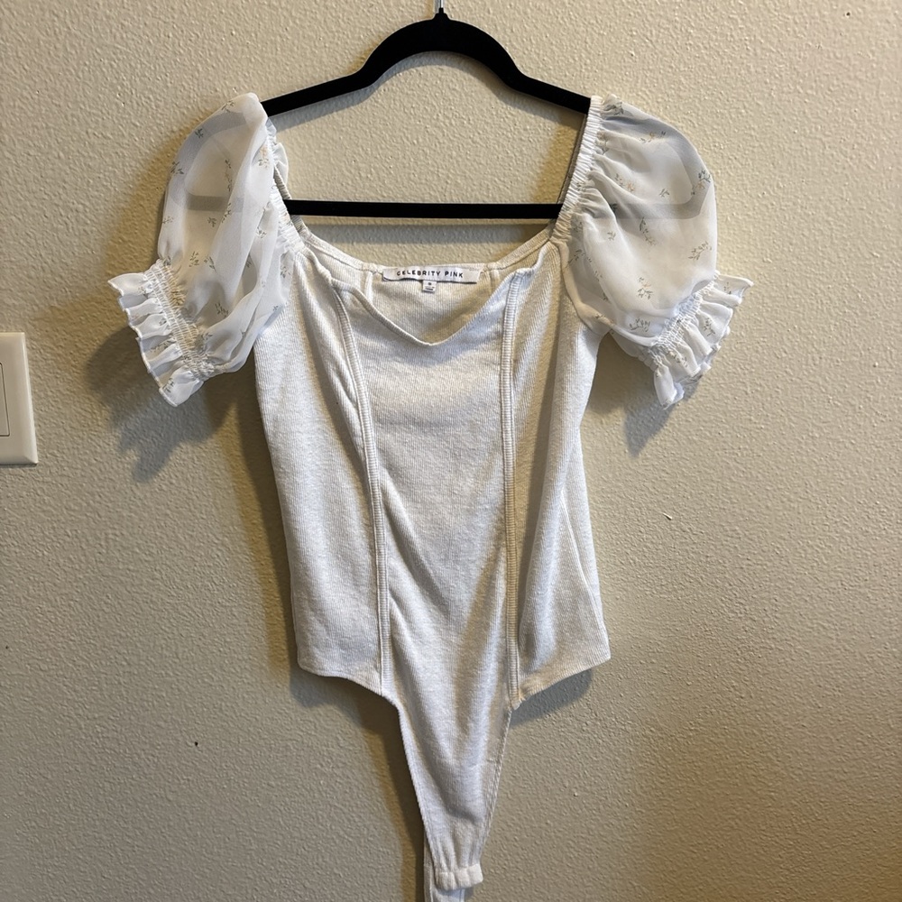 Celebrity Pink White Puff Sleeve Bodysuit